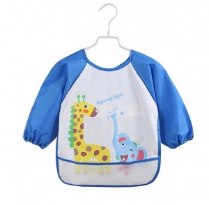 Детский нагрудник с рукавами, с кармашком, принт "Жираф и слон", цвет белый/синий