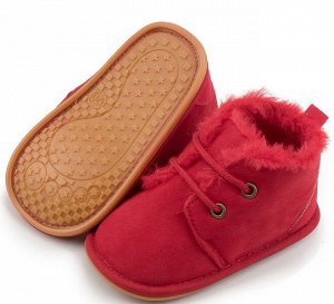 Детские пинетки-ботинки, с искуственным мехом, цвет красный