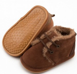 Детские пинетки-ботинки, с искуственным мехом, цвет темно-коричневый