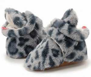 Детские пушистые пинетки, принт "Леопард", цвет серый/синий