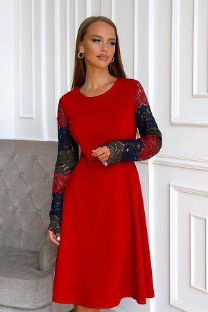 Платье Коктейльное платье с кружевными рукавами-отличный пример изысканности стиля! Сочетание красного и темных цветов выглядит очень броско и ярко. Фасон достаточно прост и сдержан. От отрезной талии
