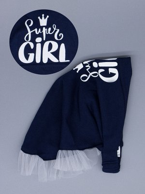 Косынка трикотажная для девочки на резинке с белыми рюшами из фатина, SUPER GIRL, темно-синий