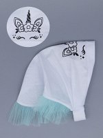 Косынка для девочки на резинке с бирюзовыми рюшами из фатина, единорог, белый