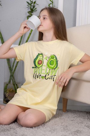Сорочка Варианты расцветки: салатовый, желтый
Ткань:  кулирка, Состав: 100% хлопок
Ночная сорочка для подростков, из 100% хлопка, с модным принтом  Авокэт. Можно использовать как домашнюю тунику. Своб