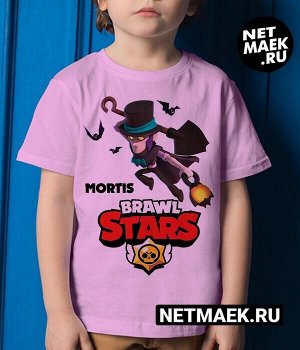 Детская футболка для девочки мортис в цилиндре brawl stars (браво старс) с летучими мышами, цвет розовый