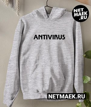 Толстовка худи с капюшоном с надписью antivirus, цвет серый меланж