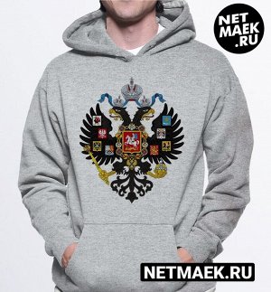 Толстовка с капюшоном худи hoodie герб российской империи, цвет серый меланж