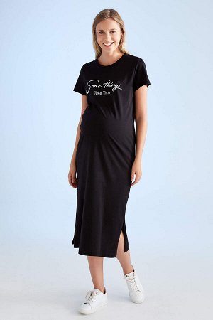 Летнее платье для беременных с круглым вырезом и короткими рукавами с принтом и лозунгом