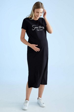 Летнее платье для беременных с круглым вырезом и короткими рукавами с принтом и лозунгом
