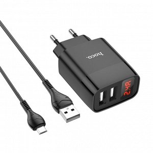 NEW Сетевое Зарядное устройство HOCO C86A Illustrious 2*USB + 1М Кабель 2.4А  с дисплеем