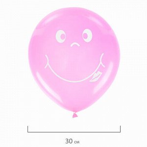 Шары воздушные ЗОЛОТАЯ СКАЗКА, 12" (30 см), КОМПЛЕКТ 5 штук, ассорти 5 цветов, с рисунком "Смайл", пакет