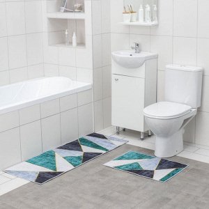 Набор ковриков для ванны и туалета Доляна «Геометрик», 2 шт: 45?120 см, 40?60 см, цвет зелёно-серый