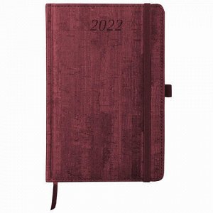 Ежедневник датированный 2022 А5 138x213 мм BRAUBERG "Wood", под кожу, держатель для ручки, бордовый, 112796