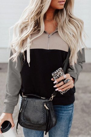 Черный пуловер-худи с воротником на молнии и серыми рукавами
