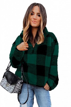 Зелено-черный клетчатый пуловер с высоким воротником на молнии