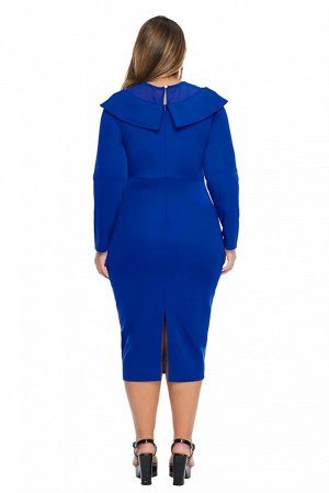 Синее платье-футляр с отложным воротником и сетчатой вставкой