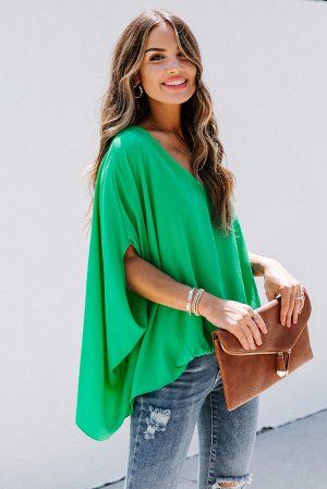 Зеленая драпированная свободная блуза с V-образным вырезом