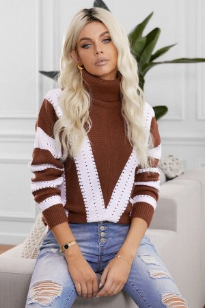 Коричнево-белый полосатый свитер-водолазка