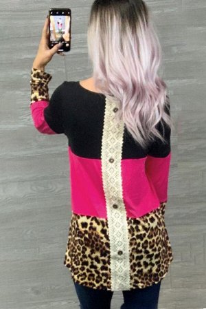 Розовая леопардовая блуза с длинными рукавами и разноцветными вставками в стиле пэчворк