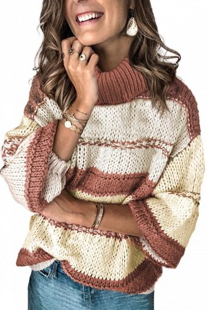 Бежево-коричневый вязаный свитер с воротником по горло и пышными рукавами