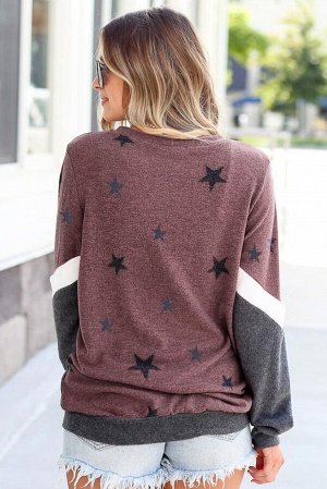 Бордово-черный пуловер-свитшот с белой полосой и звездным принтом