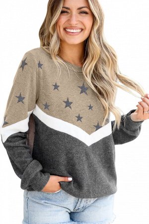 Бежево-черный пуловер-свитшот с белой полосой и звездным принтом