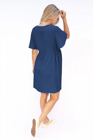 Синее платье для беременных с V-образным вырезом на пуговицах с расклешенными рукавами