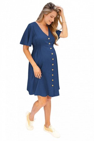Синее платье для беременных с V-образным вырезом на пуговицах с расклешенными рукавами