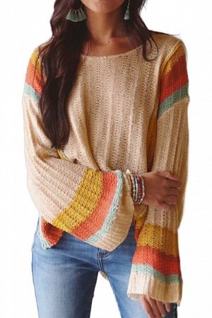 Абрикосовый свитер с расклешенными рукавами в разноцветную полоску