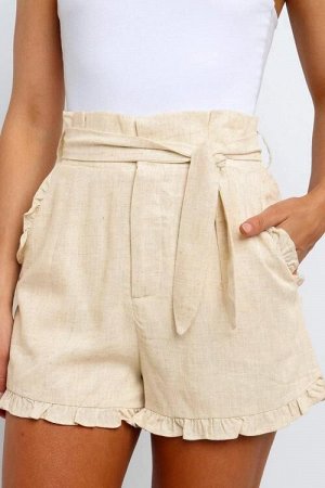 Бежевая юбка-шорты с высокой талией, рюшами и карманами