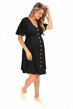 Черное платье для беременных с V-образным вырезом на пуговицах с расклешенными рукавами