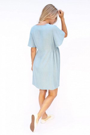 Голубое платье для беременных с V-образным вырезом на пуговицах с расклешенными рукавами