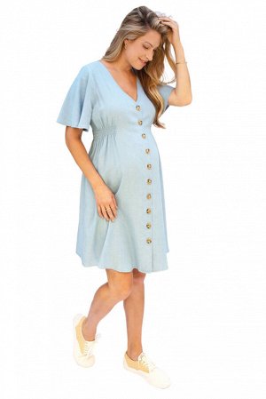 Голубое платье для беременных с V-образным вырезом на пуговицах с расклешенными рукавами