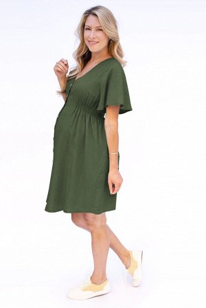 Зеленое платье для беременных с V-образным вырезом на пуговицах с расклешенными рукавами