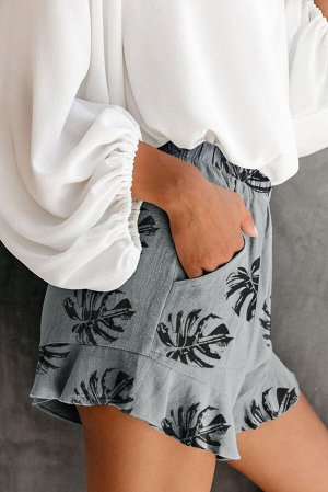 Серые шорты с эластичным поясом и карманами с принтом пальмовые листья