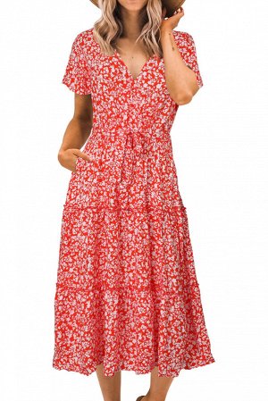 Красное платье миди с V-образным вырезом и цветочным принтом