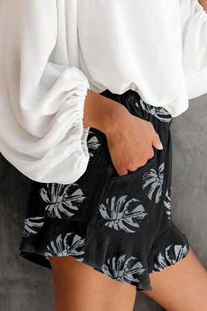 Черные шорты с эластичным поясом и карманами с принтом пальмовые листья