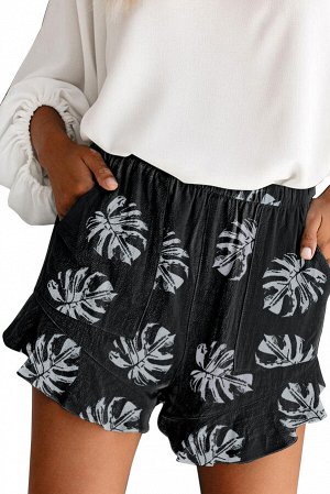Черные шорты с эластичным поясом и карманами с принтом пальмовые листья