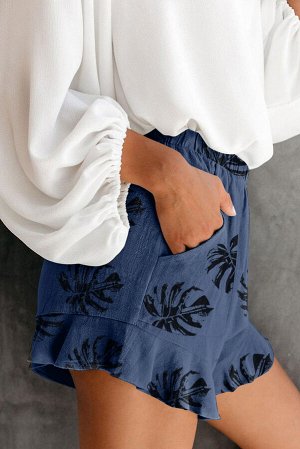 Синие шорты с эластичным поясом и карманами с принтом пальмовые листья