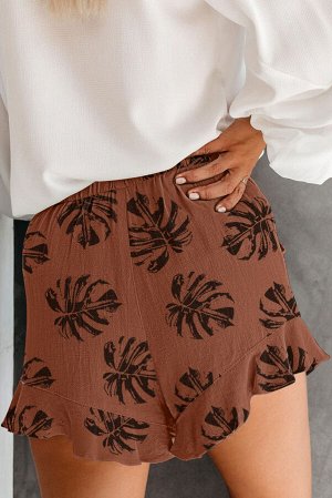 Коричневые шорты с эластичным поясом и карманами с принтом пальмовые листья