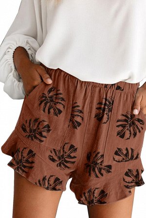 Коричневые шорты с эластичным поясом и карманами с принтом пальмовые листья