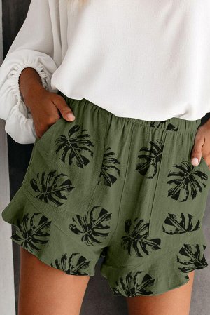 Зеленые шорты с эластичным поясом и карманами с принтом пальмовые листья