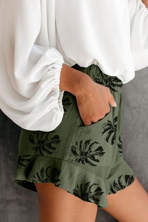 Зеленые шорты с эластичным поясом и карманами с принтом пальмовые листья
