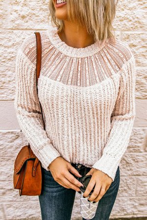 Бежевый вязаный свитер с кружевным вырезом