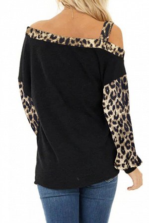 Черная блуза с леопардовыми вставками на рукавах и открытым плечом на бретельке