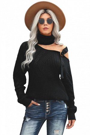 Черный вязаный свитер с воротом под горло и открытым плечом