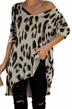Серый свитер-туника с V-образным вырезом и леопардовым принтом