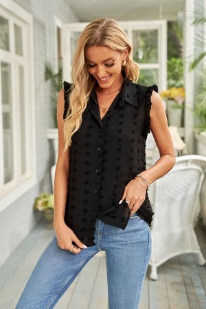 Черная блуза с текстурой в горошек с отложным воротником и оборками