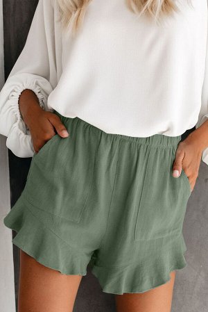 Зеленые свободные шорты на резинке с оборками и накладными карманами