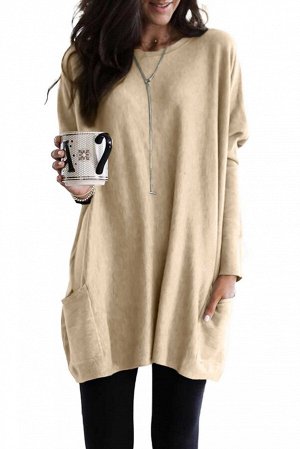 Абрикосовый длинный пуловер-свитшот с карманами